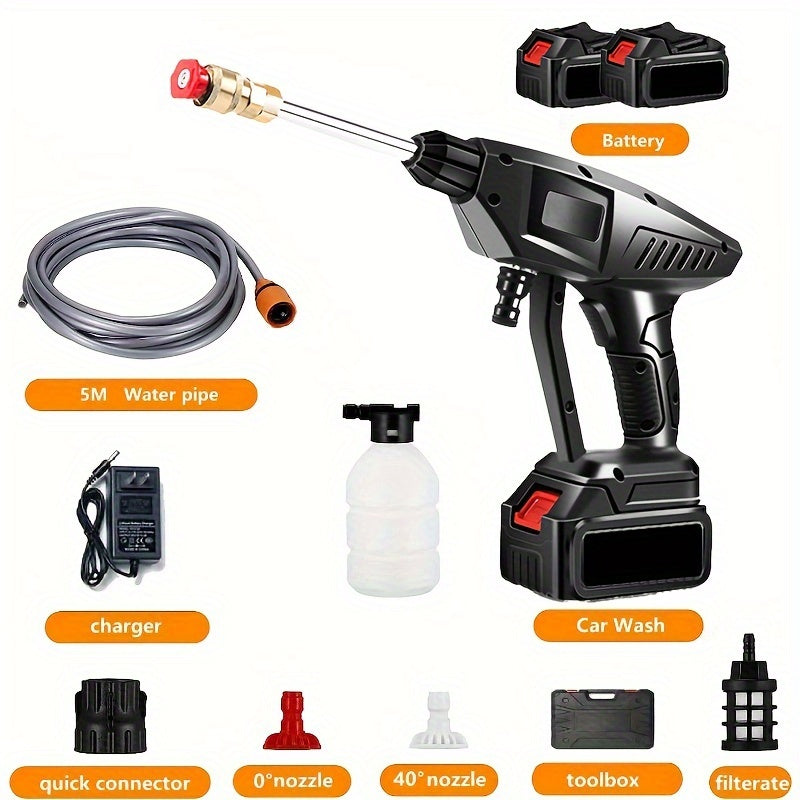 TEMU High-pressure Cordless Washer Spray Car Cleaner 6-in-1, 1500w, 88v Cleaning Machine Nozzle, 15000mah-2*batteries, Portable Pressure Washer