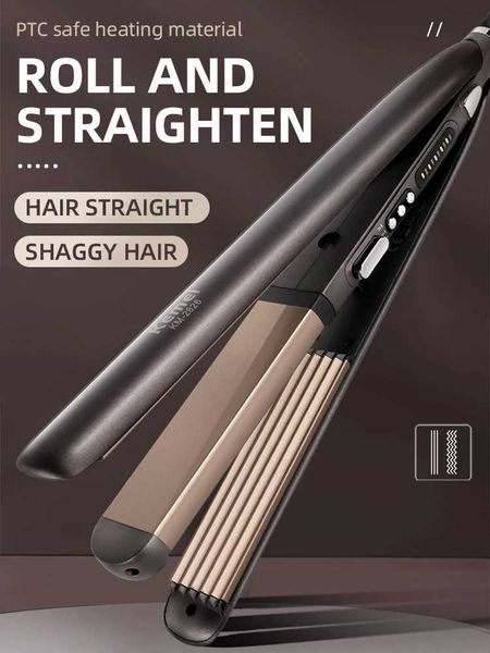 Curling Irons KEMEI 2 in 1 Electric Hair Straightener Curler Splint Flat Iron Negative Ion Straight Curling Iron Plates Corrugation Hair Car