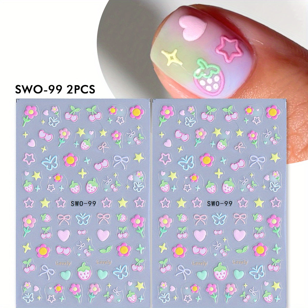 TEMU 2 Sheets Sweet Matte Nail Art Stickers - Kawaii Cherry Heart Bow Floral Designs, Self-adhesive Plastic Decals For Women &, Y2k Style Manicure &