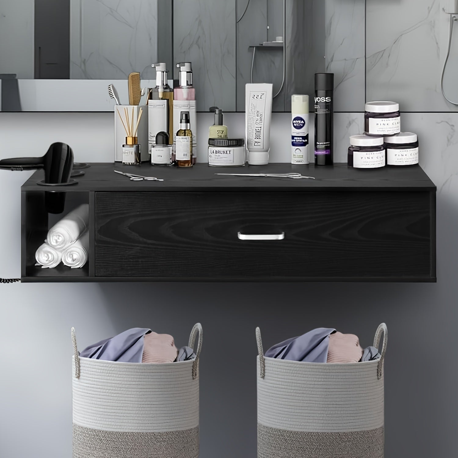 TEMU Wall Mount , Stations Equipment With Drawer, Hair Cabinet With Side , Barber Hair Stations With 3 Hair Dryer Holes