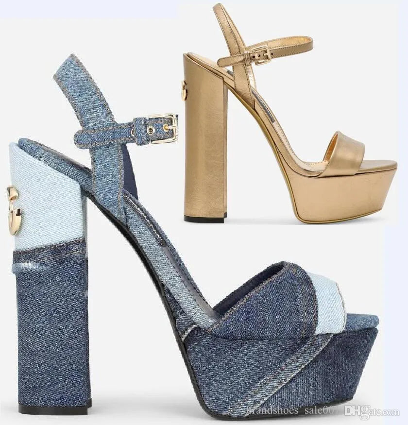Top quality Denim women&#039;s sandals Buckle strap chunky block heels Luxury designer ankle wrap heels fashion Dress Party wedding shoes With box s