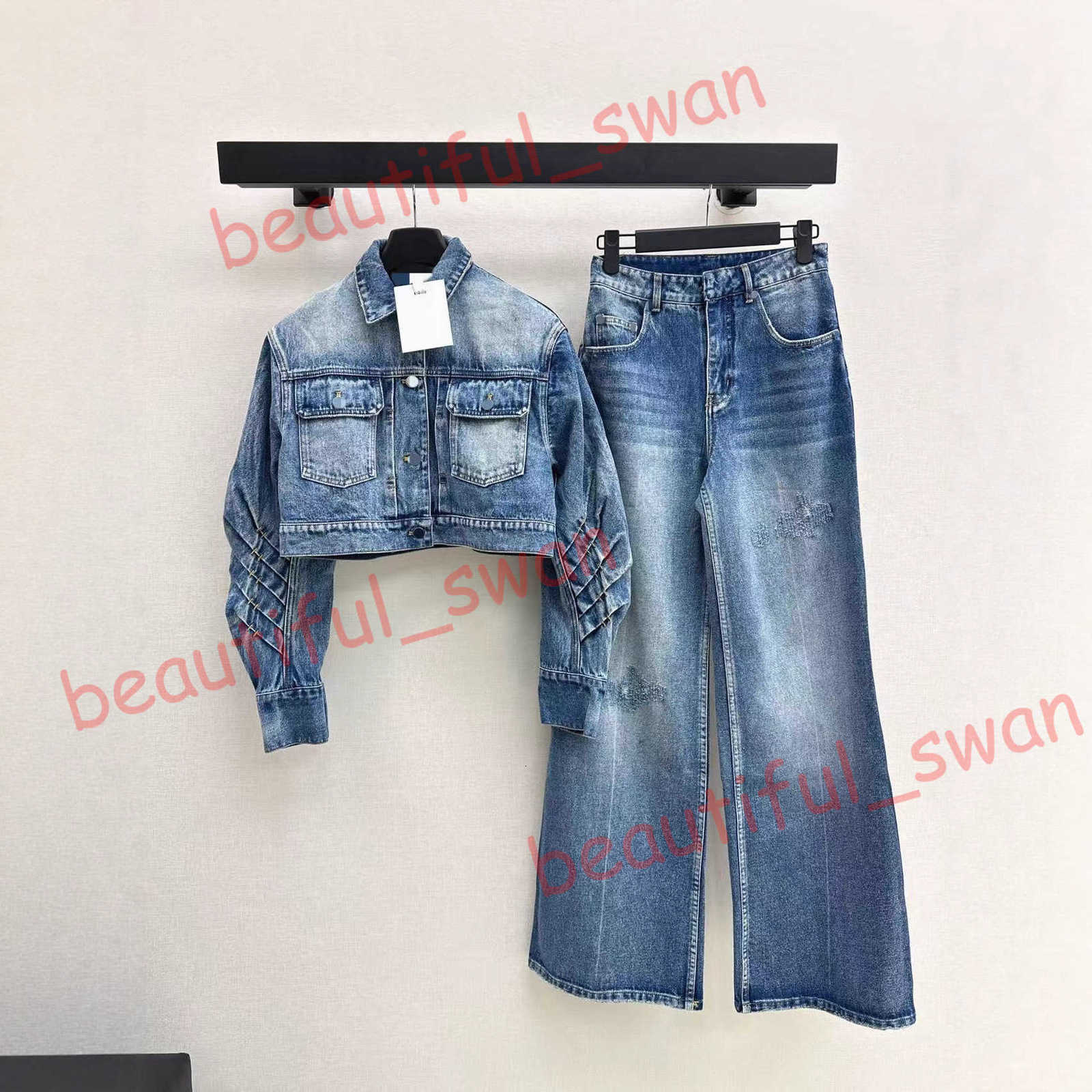 Designer Women&#039;s Tracksuits jeans women 25 Autumn Winter Fashionable Double Pocket Lapel Short Denim Jacket Wide Leg Straight Pants Set