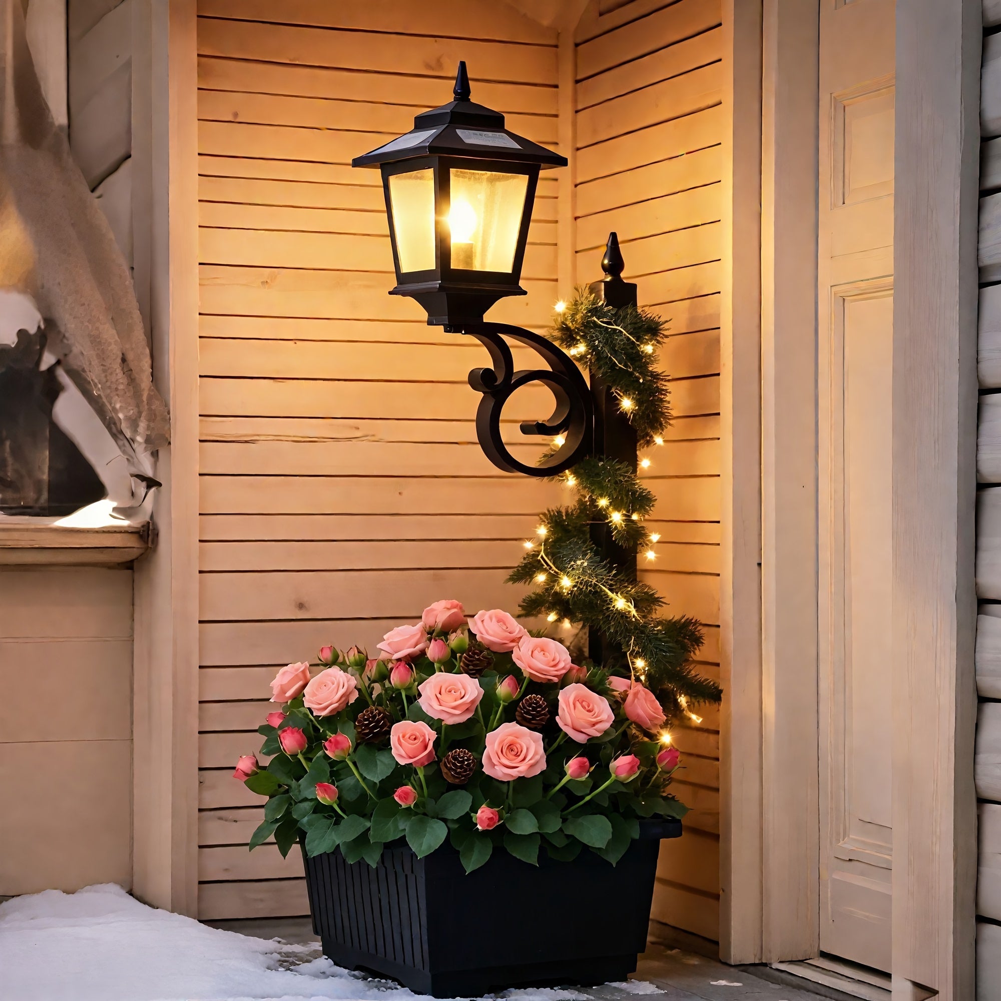 TEMU 1-pack Solar-powered Outdoor Flower Pot & Light With Planter - Ip44 Waterproof, Auto Sensor, Durable Plastic Construction, Wall-mounted-standing