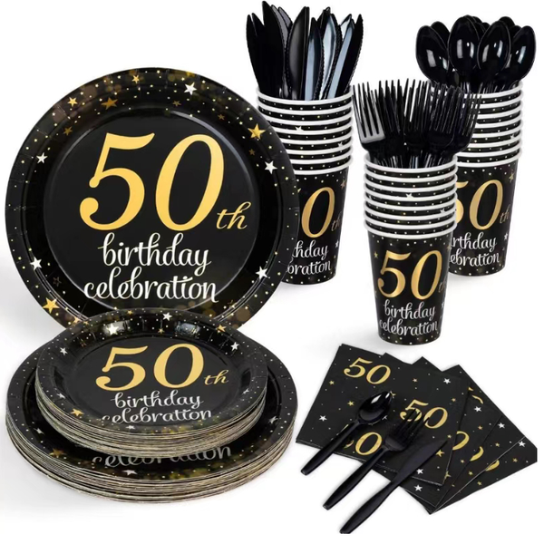 Birthday party supplies 50 retirement themed party table covers, disposable plates, napkins, paper cups