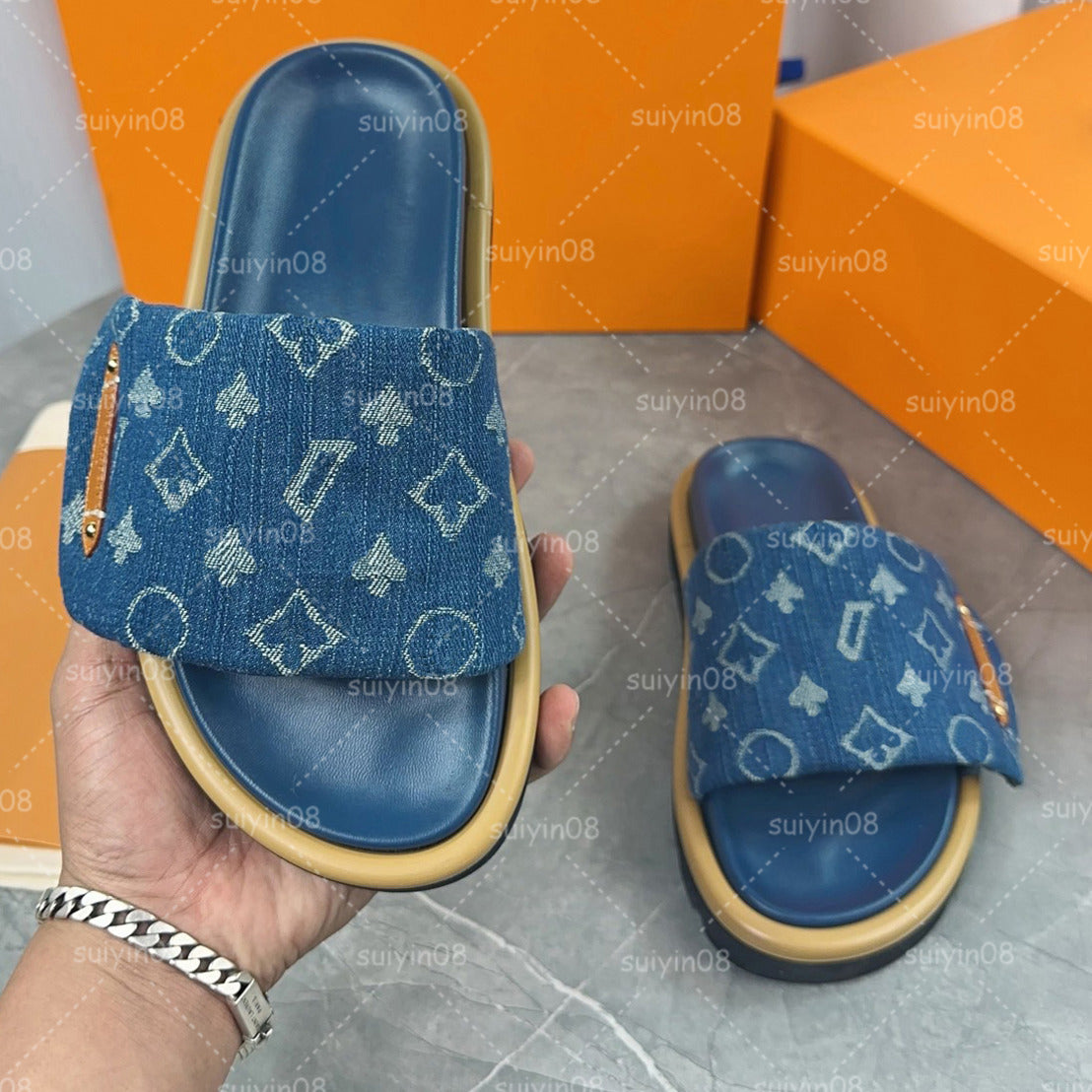 pillow slides Flat Comfort Mule plate confort sandal Blue men Womens Sandals designer sandals slippers Beach Letter sandal Size 35-44 039