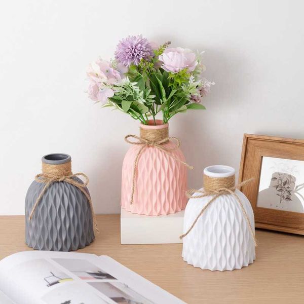 Vases Nordic Flower Vase Decoration Home Plastic Vase White Imitation Ceramic Flower Pot Flower Basket Christmas New Year Decor P230411