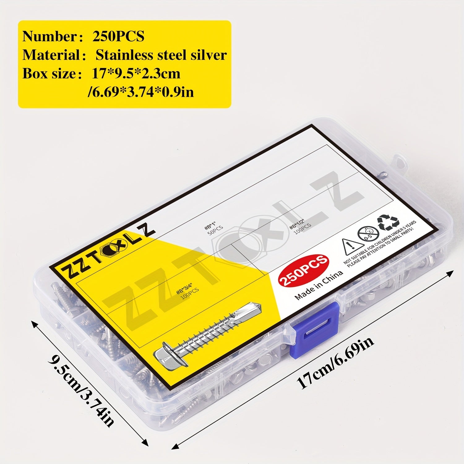 TEMU 250pcs #8 Self-tapping Screw Assortment Kit: 410 Stainless Steel, Hex Washer Head, Self-drilling Tek Screws For Metal, Furniture, Construction &