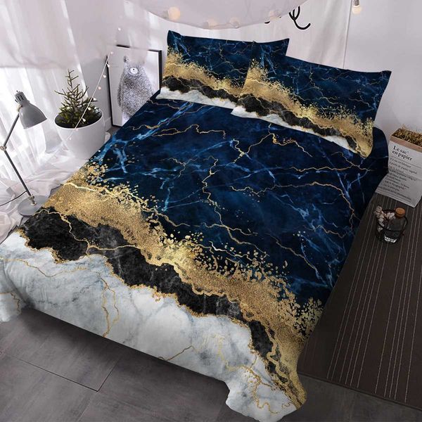 Bedding sets Blue and gold marble design bedding set with decorative 3-piece down duvet cover with 2-piece set suitable for family beds T240