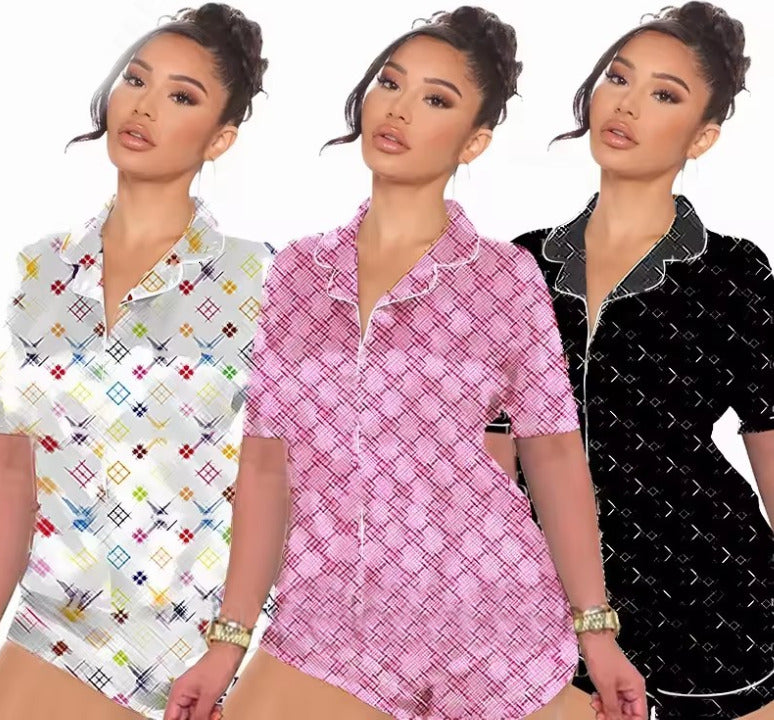 2025wholesale Summer girls sleepwear two piece pama set satin silk designers print pyjamas short pamas for women