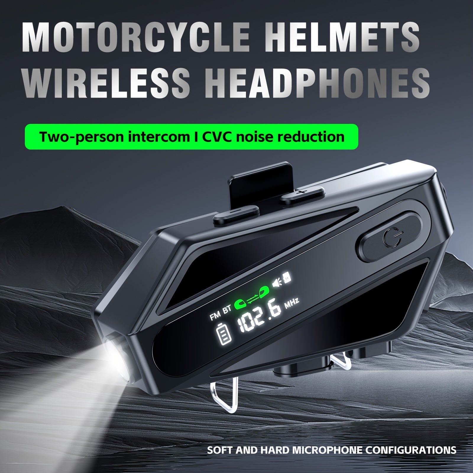 TEMU Motorcycle Helmet Wireless Headphone With Included Led Spotlight, Led Screen Digital Display, Fm Radio, 500m Intercom, Bt 5.3, Music Share For
