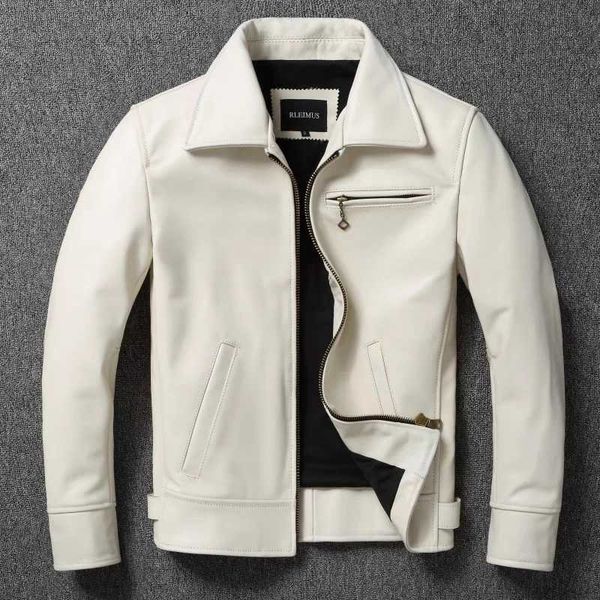 Men&#039;s Leather Faux Leather Mens leather jacket white collar Calfskin jacket natural denim jacket ultra-thin jacket top denim bicycle ja