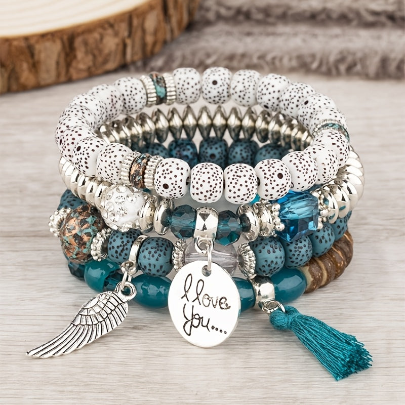 TEMU Bohemian Style Bracelet Set With Stackable Bead Design, With Wings And Engraved Pendants, In Colors For Daily Wear And Gift