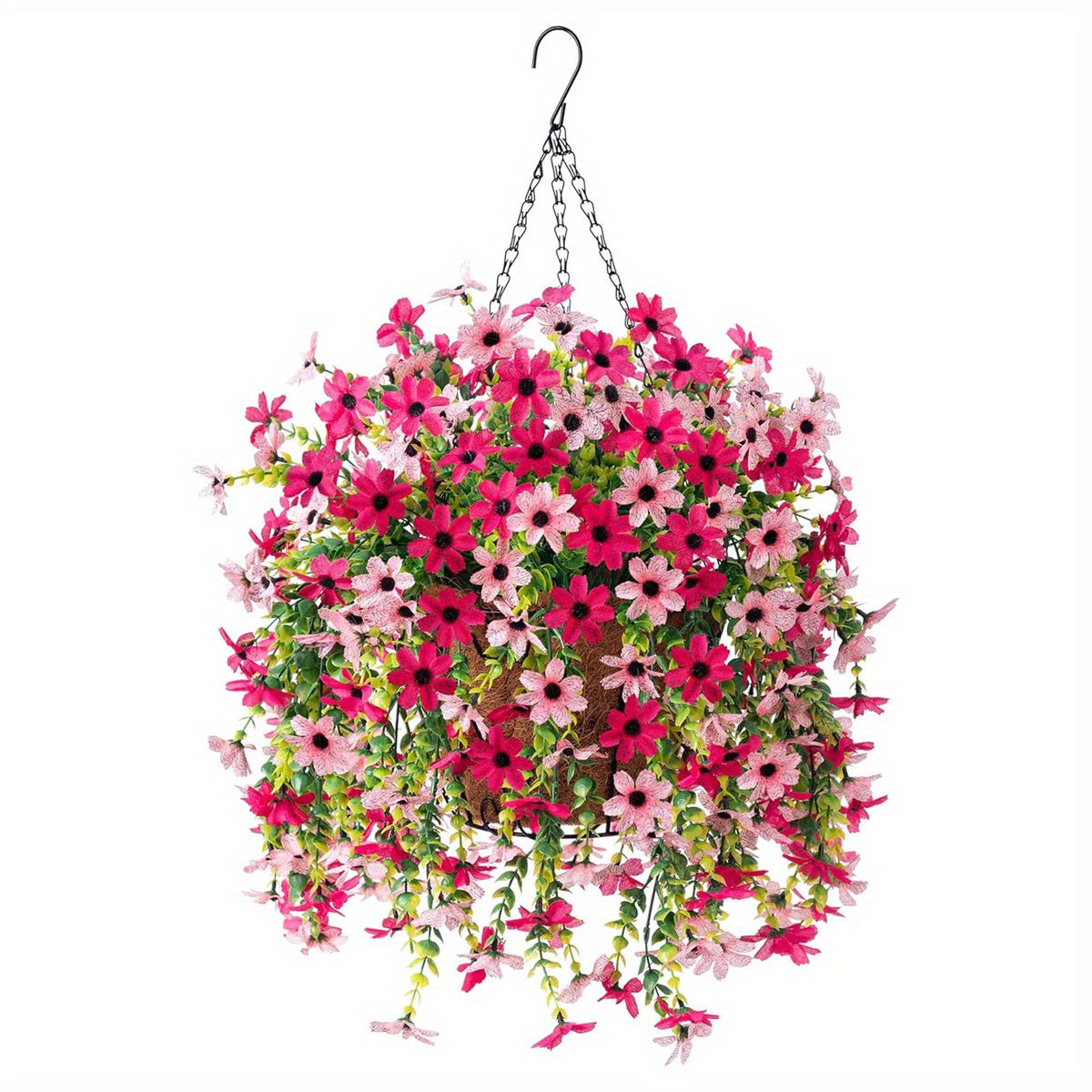 TEMU [2d Flat] Artificial Flowers Hanging Planter Pre Decorated Flower Pot Waterproof Indoor Outdoor Hanging Basket Boho Wedding Porch Balcony Decor