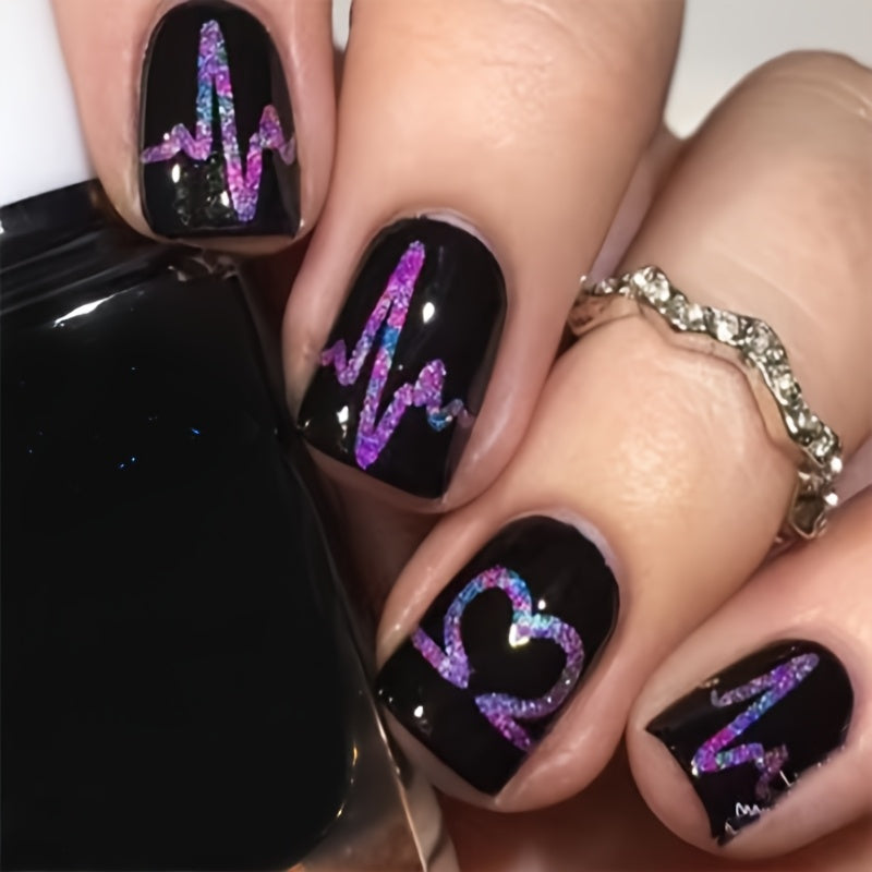 TEMU 24pcs Black Heart Glitter Short Square Press-on Nails, Glossy Finish Fake Nail Set, Mixed , Easy Application