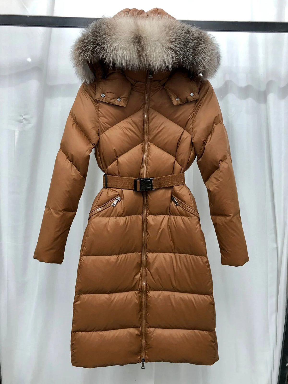 Women long down jackets designer puffer jacket fur hooded parkas Italian Boe dic winter coats woman elastic belt casual short outdoor parka ladies o