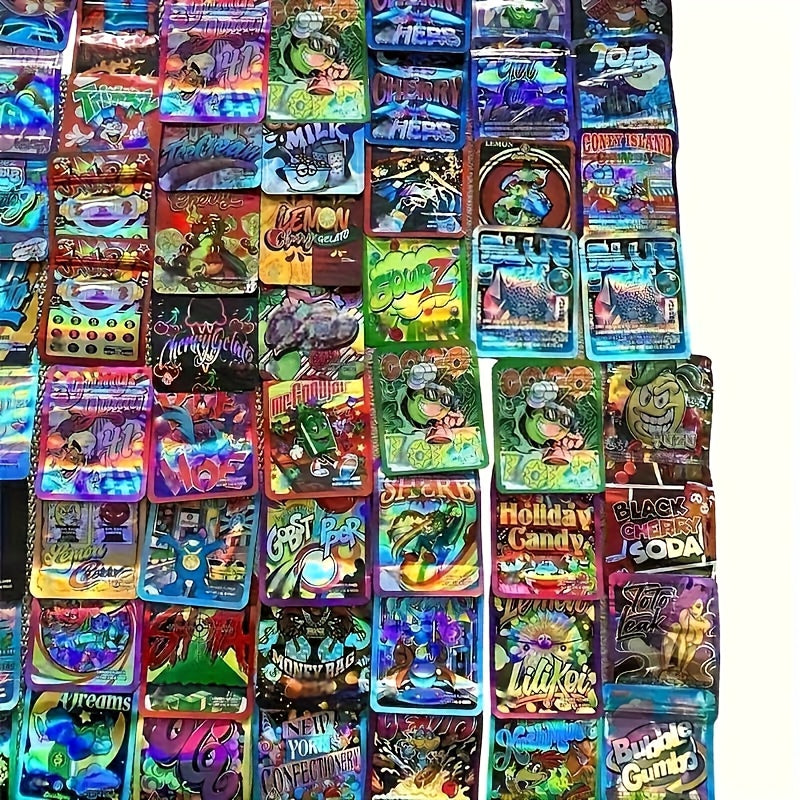 TEMU 100pcs Reusable Mylar Bags With Zipper Closure - 10 Random Styles (candy, Snack, Party Favor) | 3.5g Durable Plastic Bags, Fade-resistant &