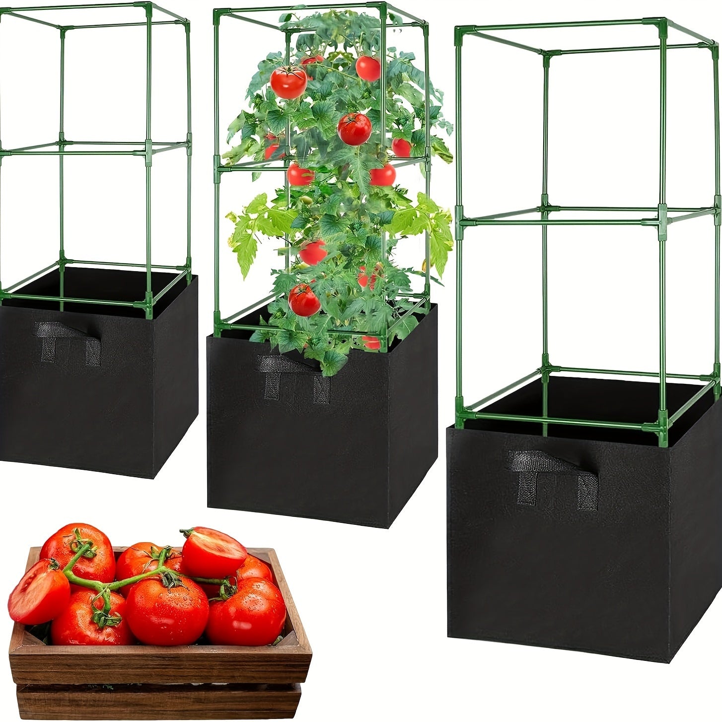 TEMU 3 Pack Tomato Cages With 17 Gallon Grow Bags, 47" Heavy Duty Plant Stakes Support Cages Trellis For Garden Climbing Vegetables Flowers Fruits