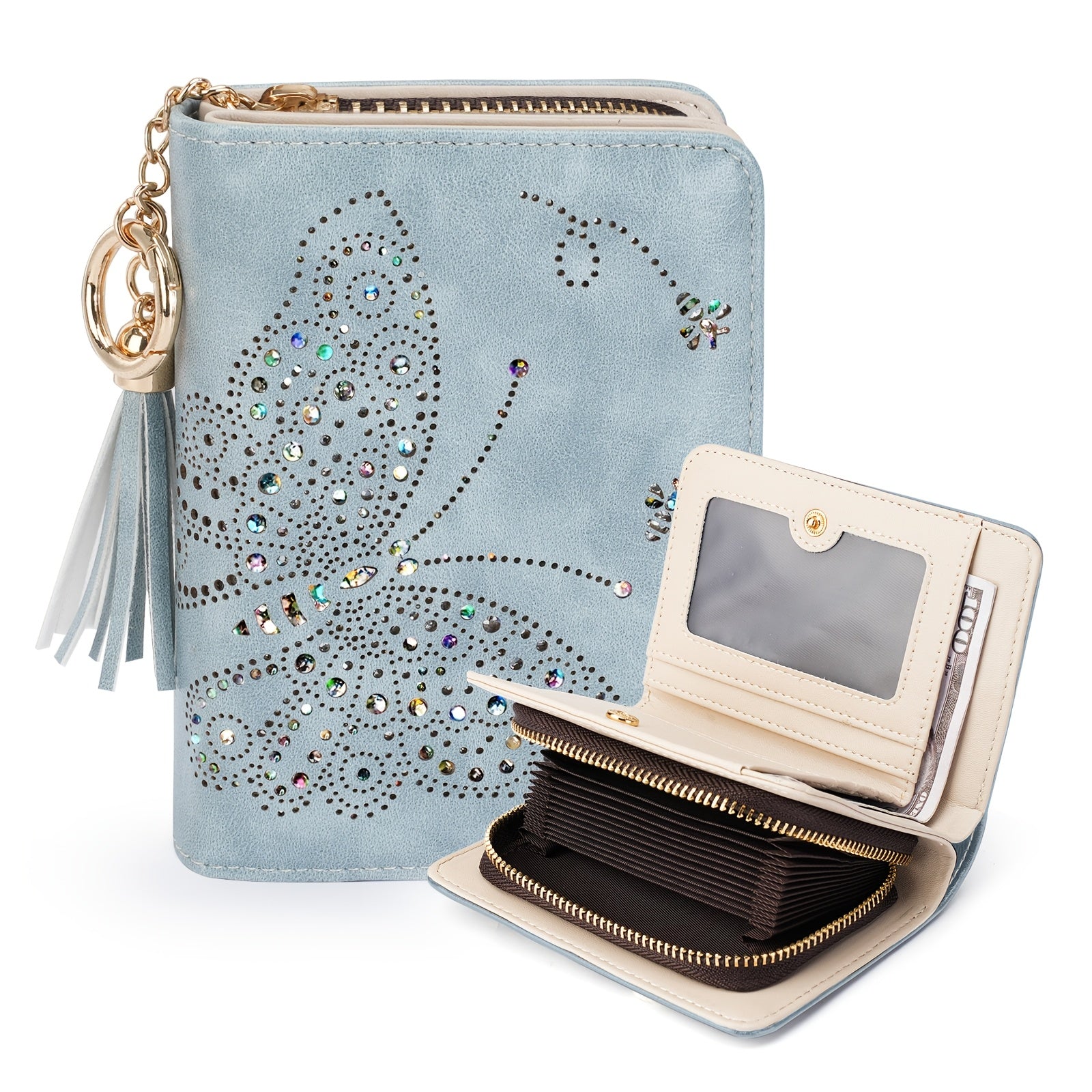 TEMU Women Rfid Blocking Small Bifold Wallet, Compact Cash Clutch With Zipper Coin Pocket, Glittery , Credit Card Holder, Travel Purse With Tassel