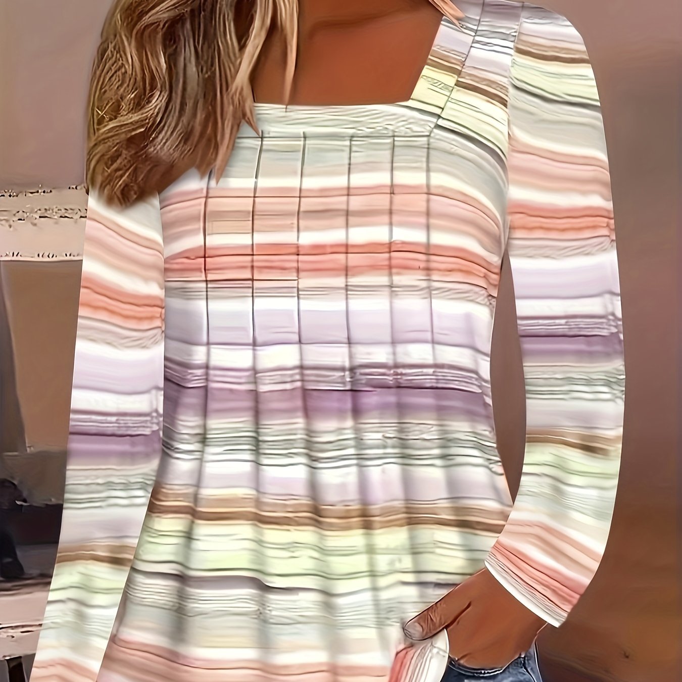 TEMU Women's Casual Square Neck Long Sleeve T-shirt - Pastel , Cozy Fabric, Machine Washable Fall Winter Top For Casual Attire, Comfortable Texture,