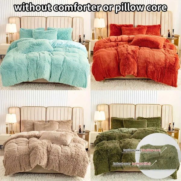 3-Piece Faux Fur Velvet Duvet Cover Set - Soft Warm Plush Bedding with Solid Color Design 1 Duvet Cover and 1-2 case WC250205