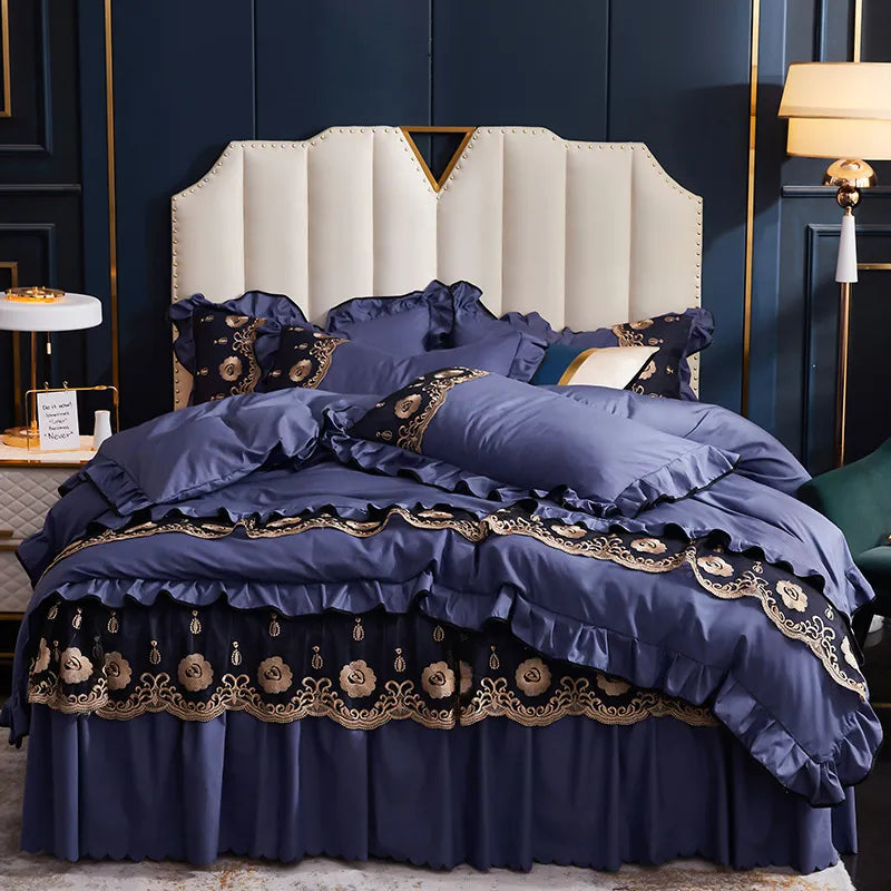 Luxury Satin Jacquard Silk-Cotton Bedding Set Lace Duvet Cover Bedclothes Bed Sheet Set Pillowcases Bed Cover Queen King Plus Size