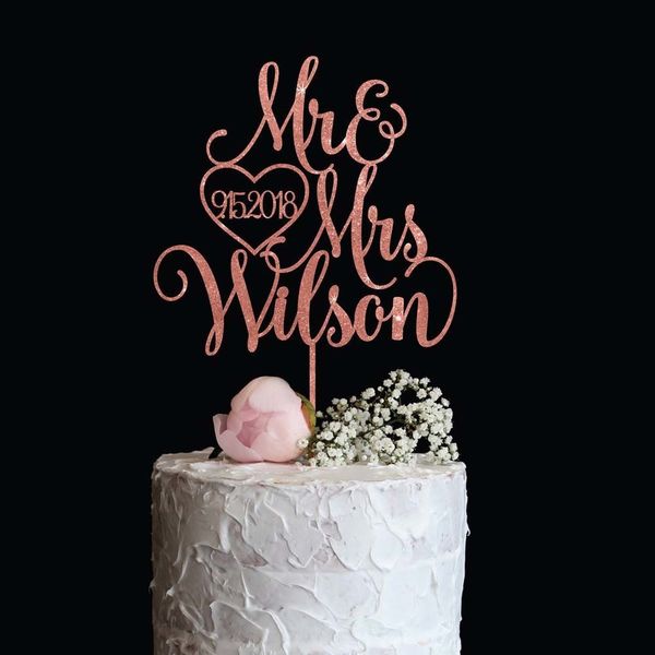 Other Event Party Supplies Personalised Mirror Gold Wedding Cake Topper with Last name and Date Elegant Custom Mr and Mrs Cake Topper Gold S
