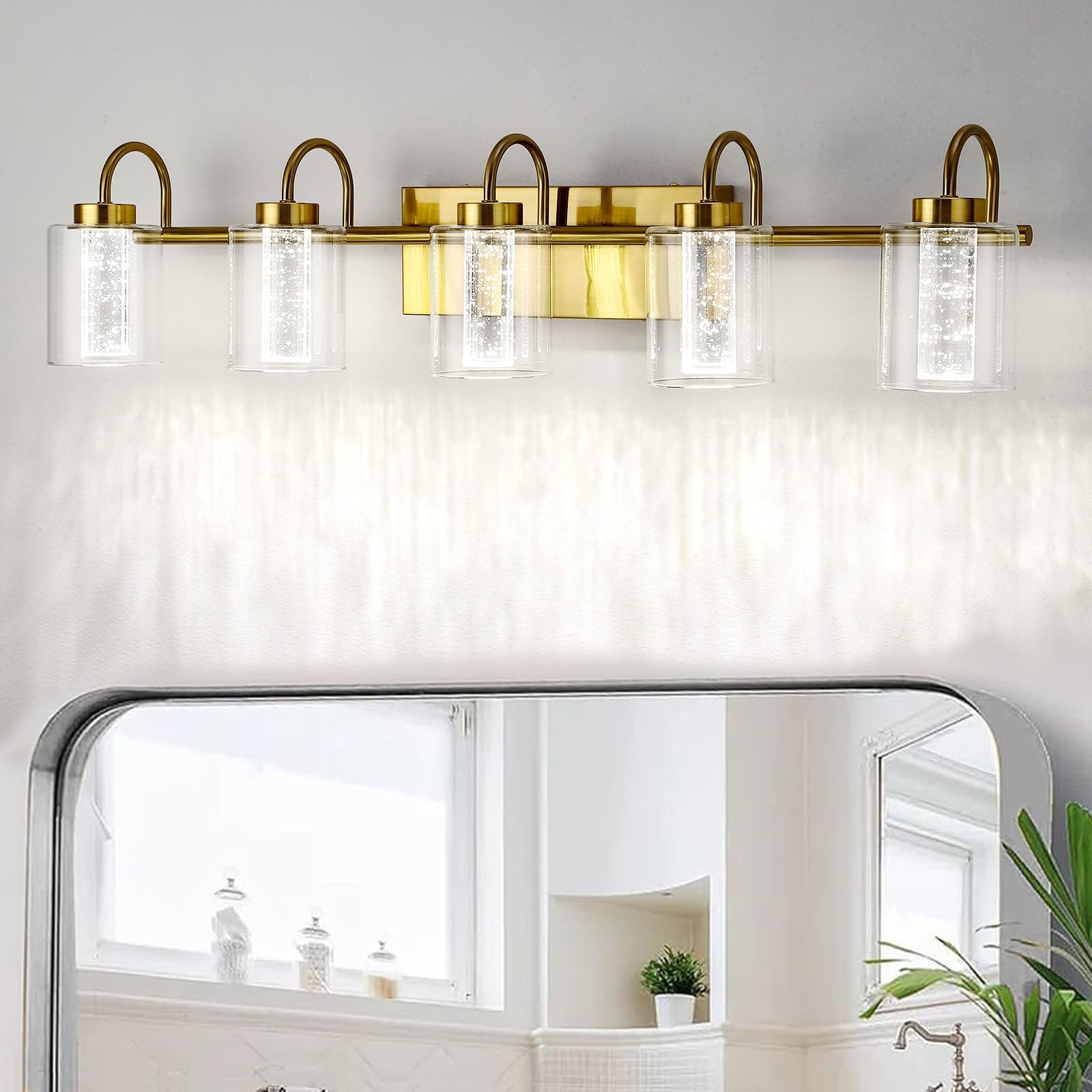 Garvee Bathroom Vanity Light Fixture, 5-Light Brushed Gold, Crystal Bubble Glass, Dimmable 3-Color LED, Modern Wall Sconce, Metal, Up-Down Mount, for 
