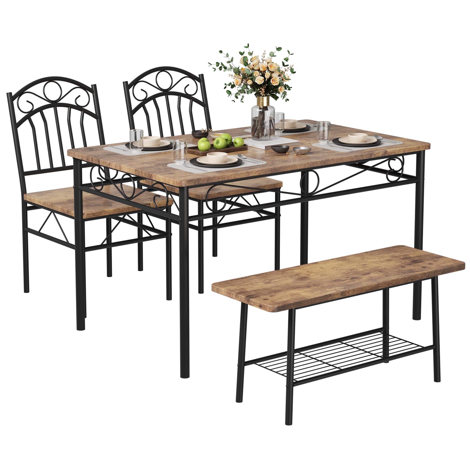 Garvee Industrial Dining Table Set for 4, 4-Piece Dining Room Table & Chairs, 43.3" Kitchen Table Set with Chairs & Bench for Small Space, Breakfast N