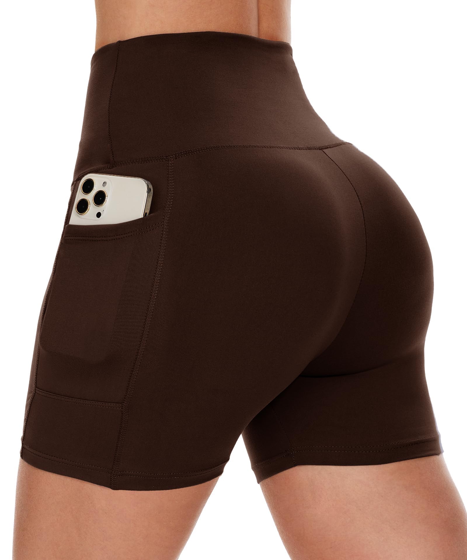 CAMPSNAIL Biker Shorts Women with Pockets - 3"-5"-8" High Waisted Workout Spandex Tummy Control Gym Running Yoga Shorts 5 IN Large-X-Large Chocolate