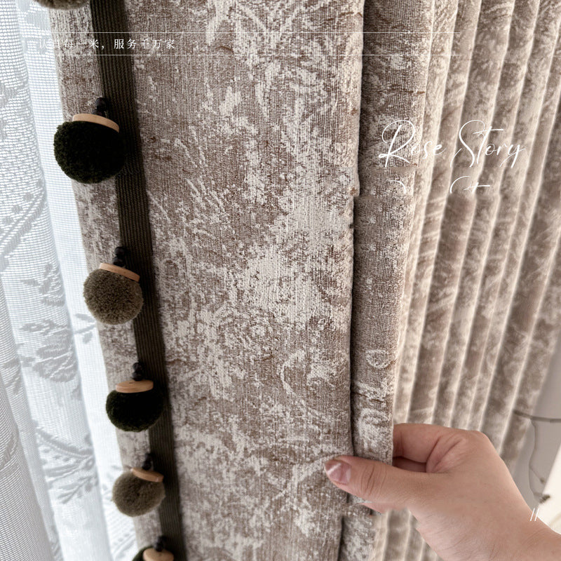 T0373 French Rose Story Rose Manor Curtain Yarn-dyed Jacquard Chenille Blackout Curtain with Pine Cone Pom Pom