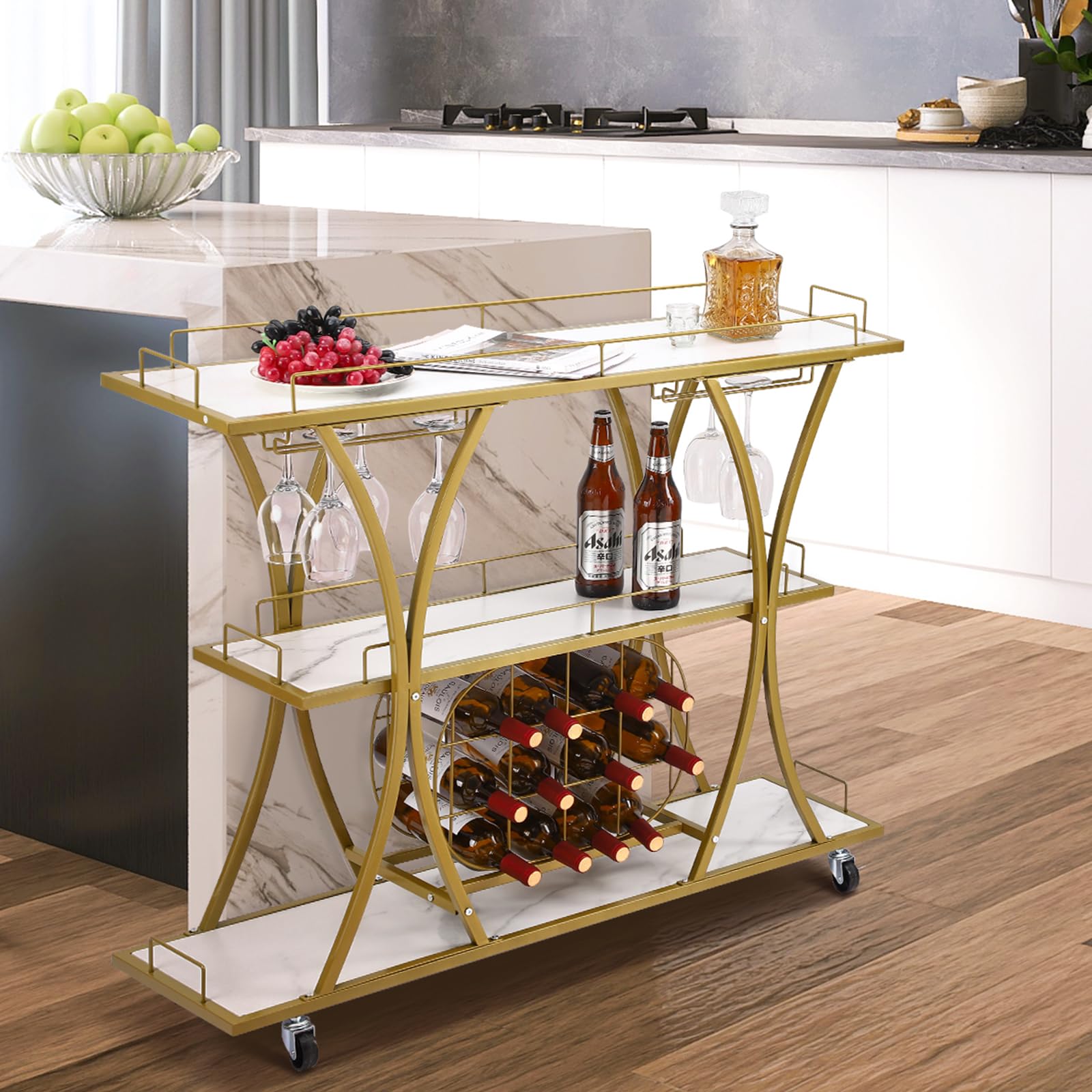 Garvee Large Bar Cart, 3-Tier Bar Serving Cart with Glass Holder and Wine Rack, 43.7 in Gold Mobile Wine Cart for Home, Metal Frame Liquor Trolley Bev