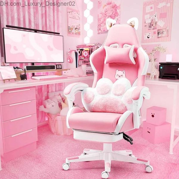 Other Furniture Pink gaming claw lumbar cushion and cat ears Ergonomic computer chair with footrest Suitable for girls teens Q240129