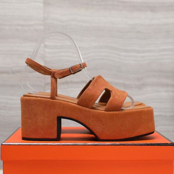 Womens Platform Heel Sandals Top quality suede Front & Rear Strap Chunky Heel evening shoes Luxury designer high heels 35-42 with box
