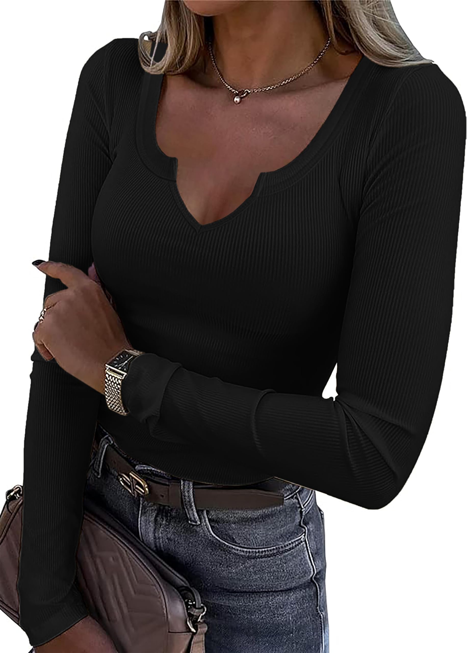 iGENJUN Women's V-Neck Ribbed Long Sleeve Shirts Fitted Basic Slim Knit Tops Spring Outfits 2024 Clothes X-Large Black