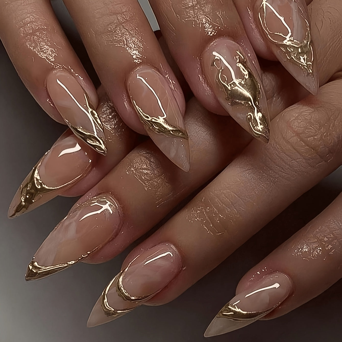 TEMU 24pcs Press-on Almond-shaped Nails, Pink With Golden Accents, Middle-length, Glossy Finish - Complete Nail Set With Nail File And Jelly Glue For