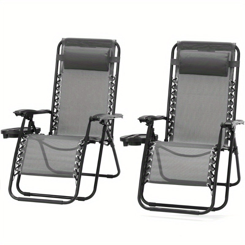 TEMU Set Of 2 Heavy-duty 0 Gravity Recliner Chairs - Oversized 300 Capacity, Heavy-duty Frame & Uv-resistant, Portable Folding Lounge Chairs With Cup