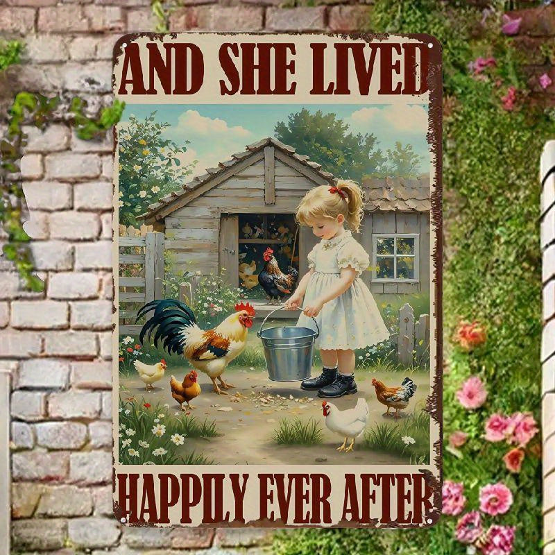 TEMU 8x12 Inch Farm Girl And Chickens Retro Metal Tin Sign - Rustic Farmhouse Wall Decor For Kitchen, Living Room, Or Bedroom - Vintage Farm-themed