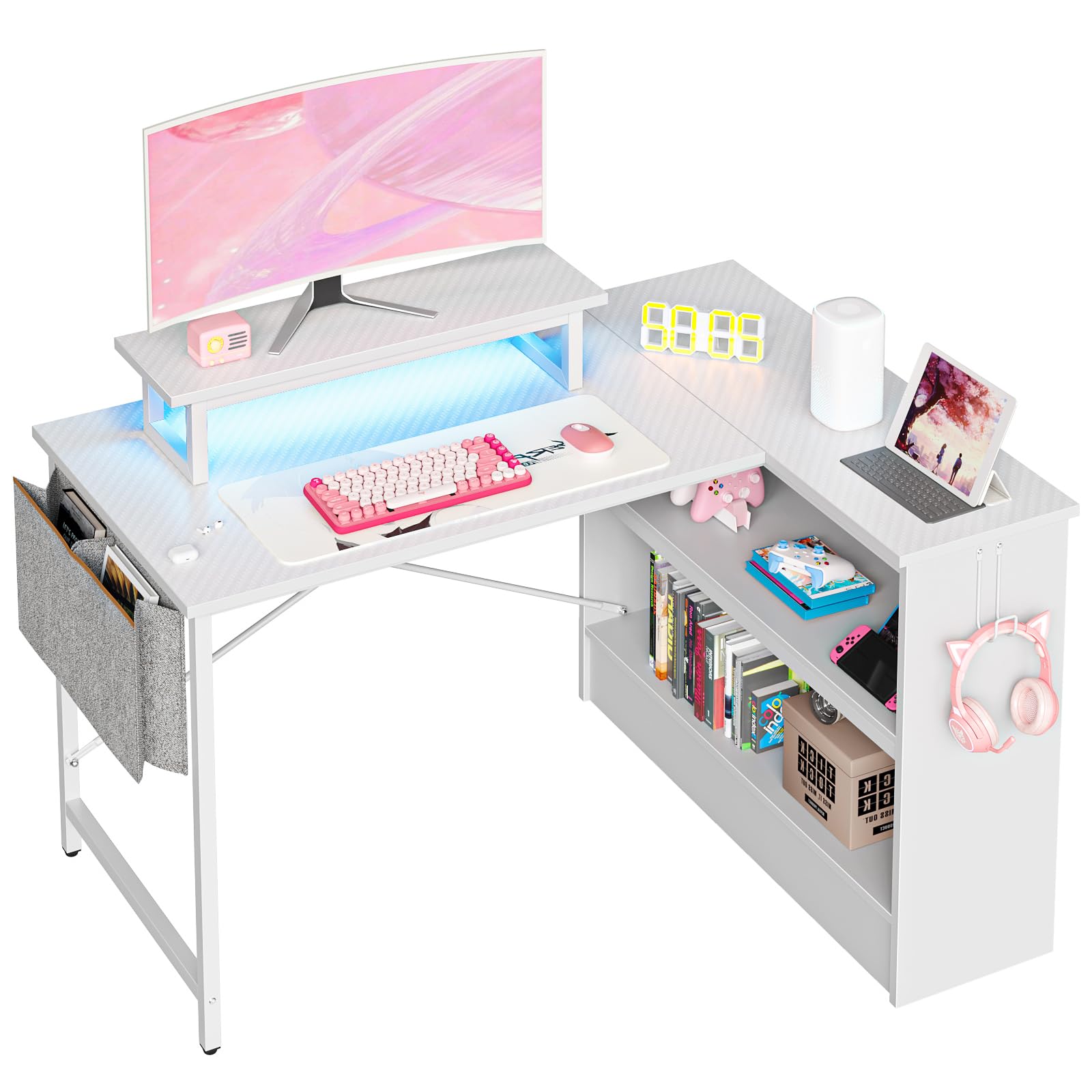 Bestier L Shaped Gaming Desk with LED Lights, 42 Inch Computer Desk with Monitor Stand & Open Storage Cabinet,Writing Study Corner Desk for Home Offic