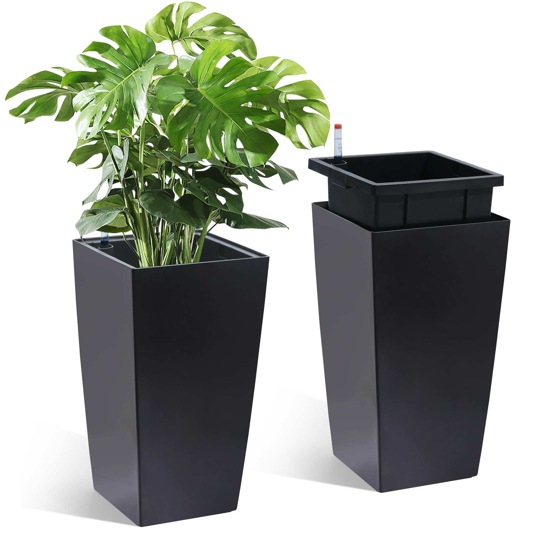 Garvee 16 Inch Tall Rectangular Planters Set of 2 Large Modern Plant Pots with Drainage Holes＆Water Level Monitor＆Wheels Outdoor and Indoor for Patio,