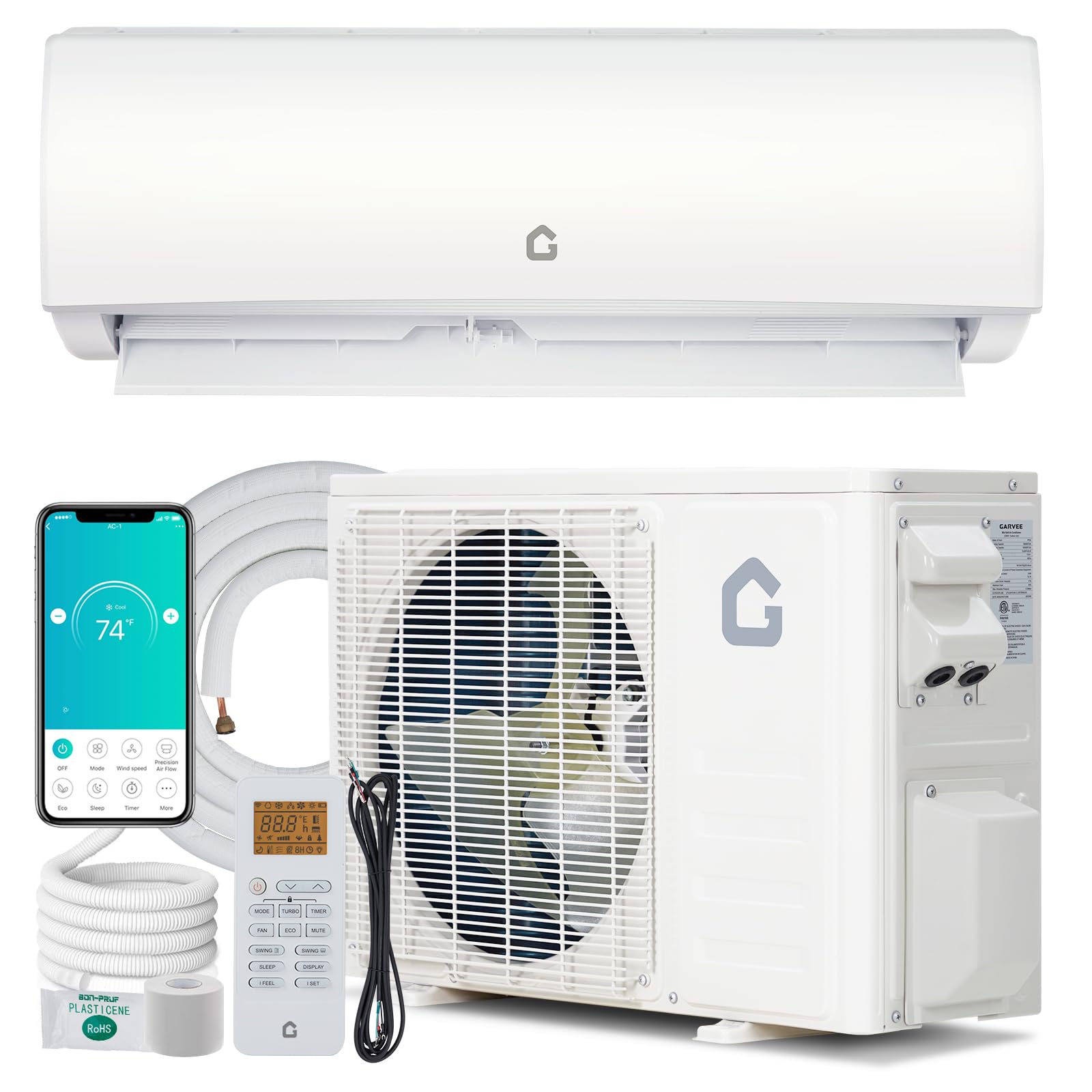 Garvee 9000 BTU Mini Split Air Conditioner Heat Pump System, Wifi Enabled 20 SEER2 208V- 230V Ductless AC Cool Up to 450 Sq. Ft, Compatible with Alexa