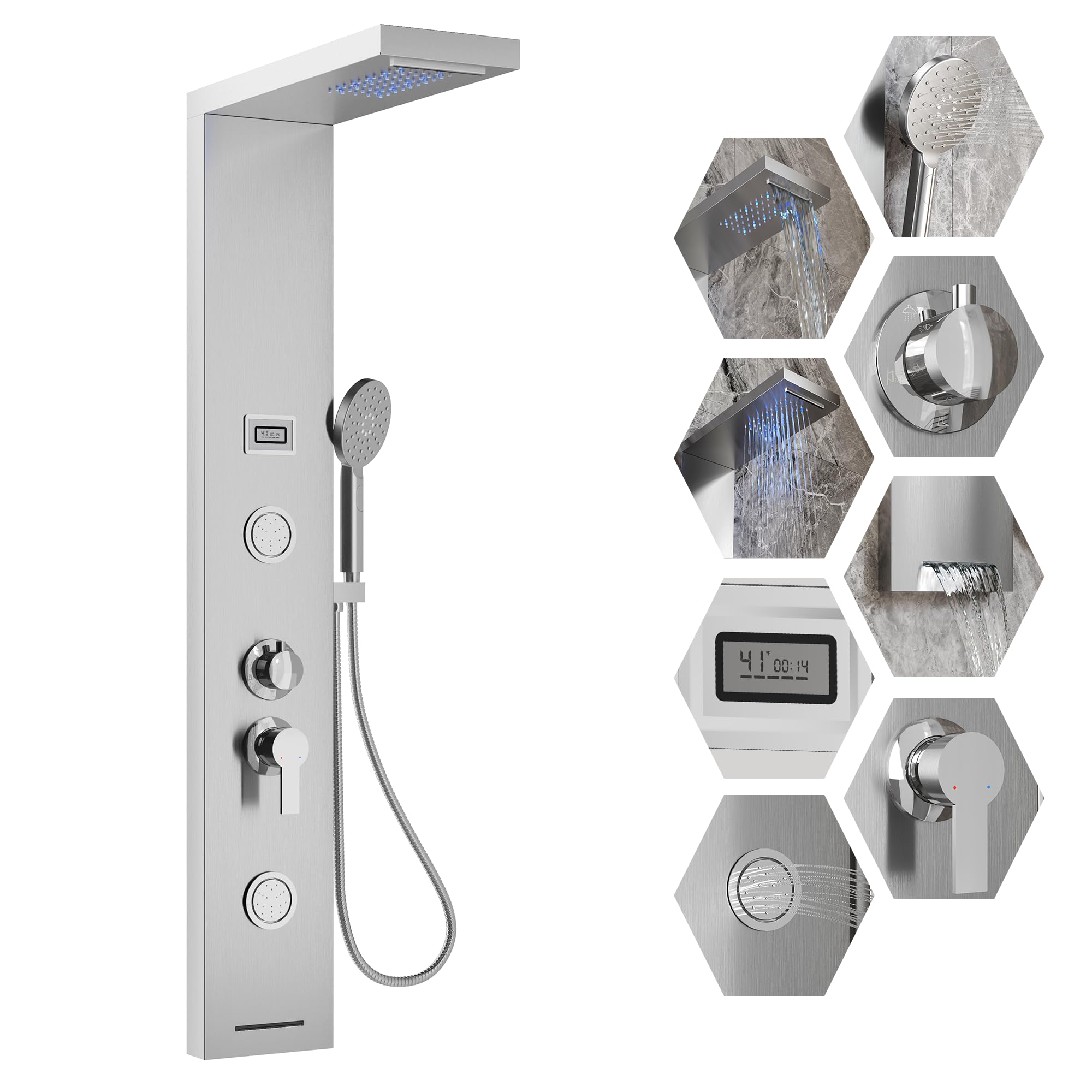 Garvee Led Shower Panel Tower System, 6 In 1 Shower Panel with Rainfall Waterfall Shower Head, 2 Body Spray, 3-Function Handheld Shower, Tub Spout,Tem