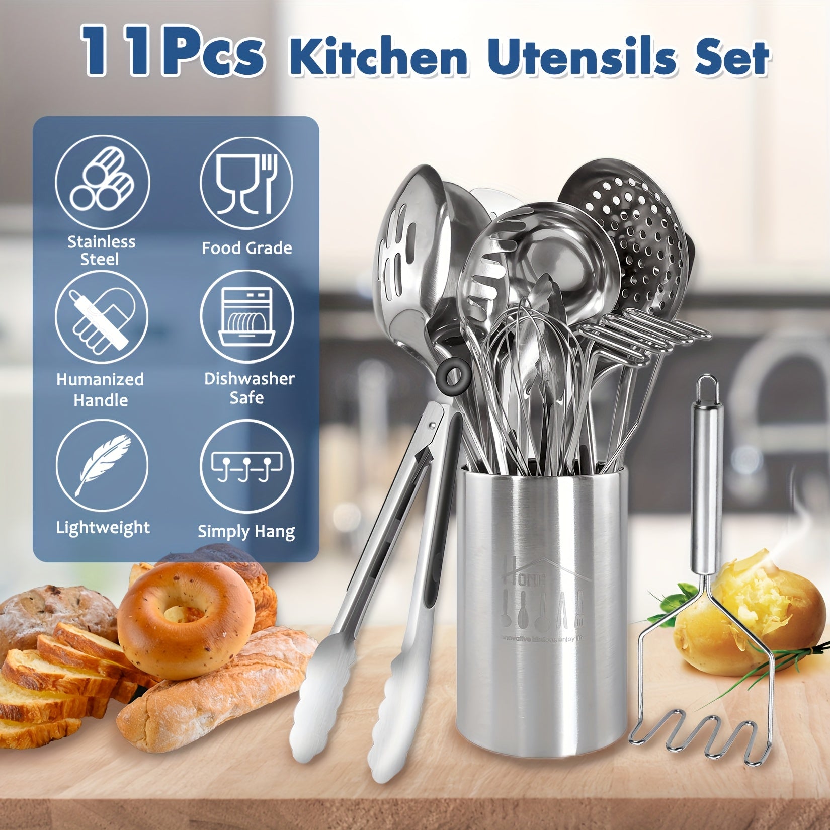 TEMU 11pcs Stainless Steel Kitchen Utensils Set With Storage Bin, Heat Resistant Metal Spatula Set Utensils Set For Cooking With Turners, Masher,