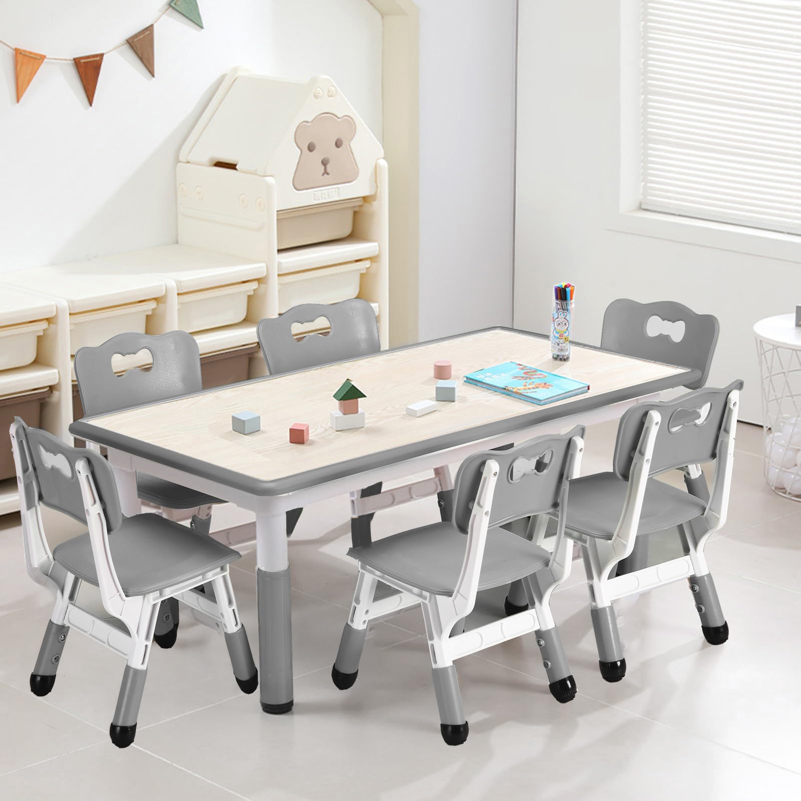 Garvee Kids Table and Chairs Set, Height Adjustable Desk With 6 Seats for Ages 2-10,Arts & Crafts Table,Graffiti Desktop, Non-Slip Legs, Max 300lbs, C