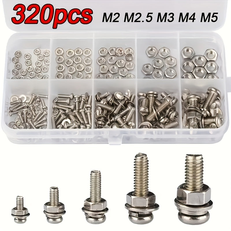 TEMU 320pcs Shank 304 Stainless Steel Bolts And Nuts Assortment Set, Metric M2 M2.5 M3 M4 M5, Suitable For Bicycles, Furniture, Home And Commercial