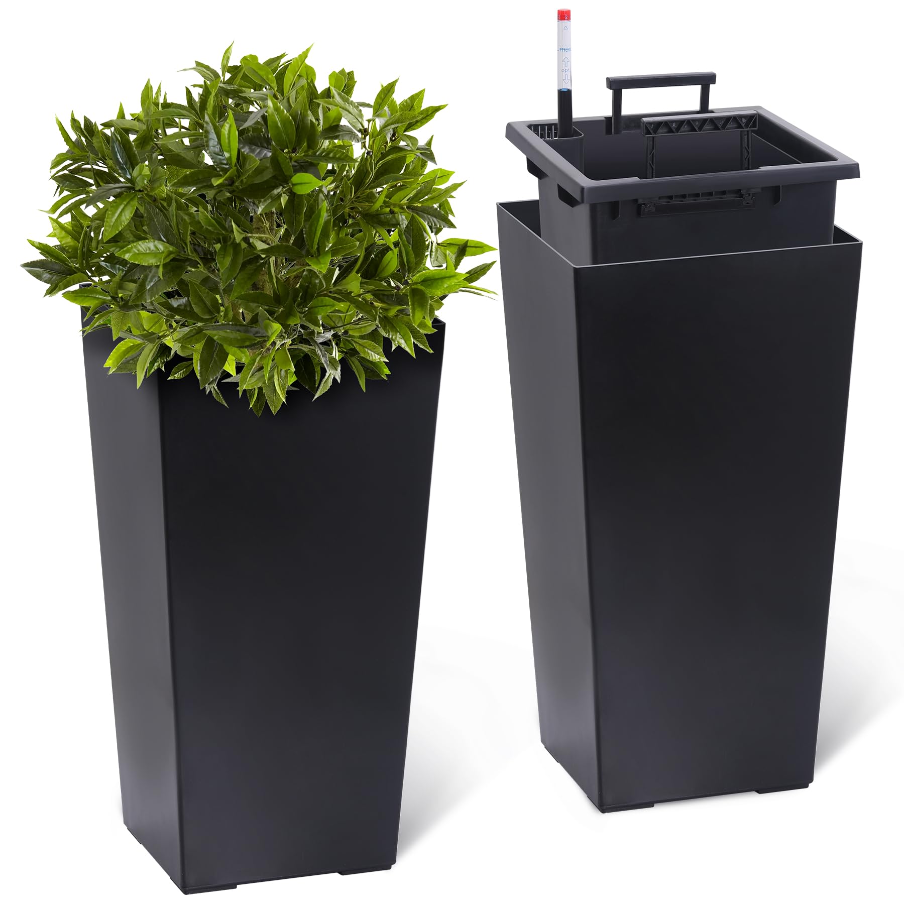 Garvee Large Outdoor Tall Planter Black Flower Pots, 23" Tapered Front Porch Decor Plant Pots with Water Level Monitor, Automatic Watering(2 Packs)