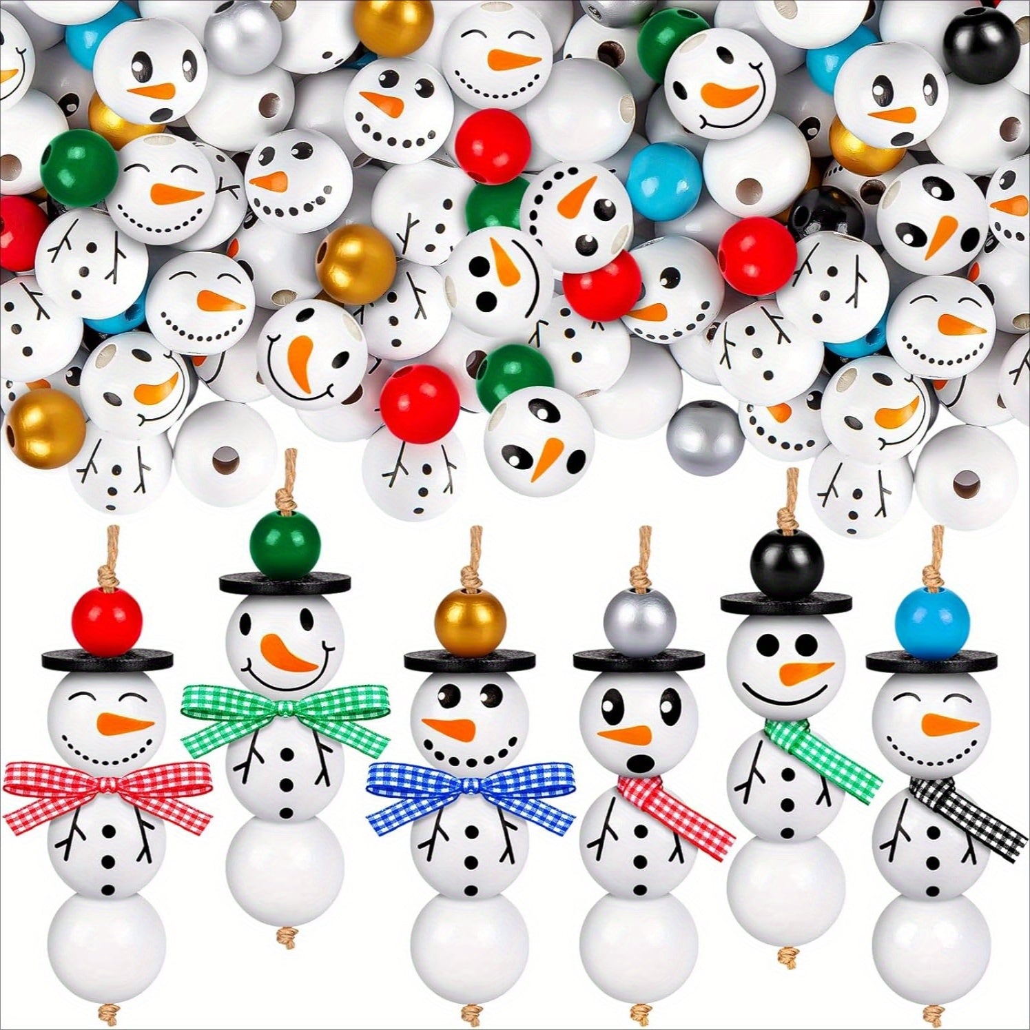 TEMU 150pcs Snowman Wooden Beads With Twine Scarf, Colorful Print For Diy Crafts, Christmas Tree Decoration