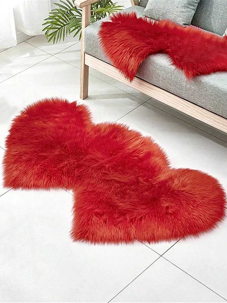 Carpet Long and fluffy red double heart bedroom living room floor mats H250113
