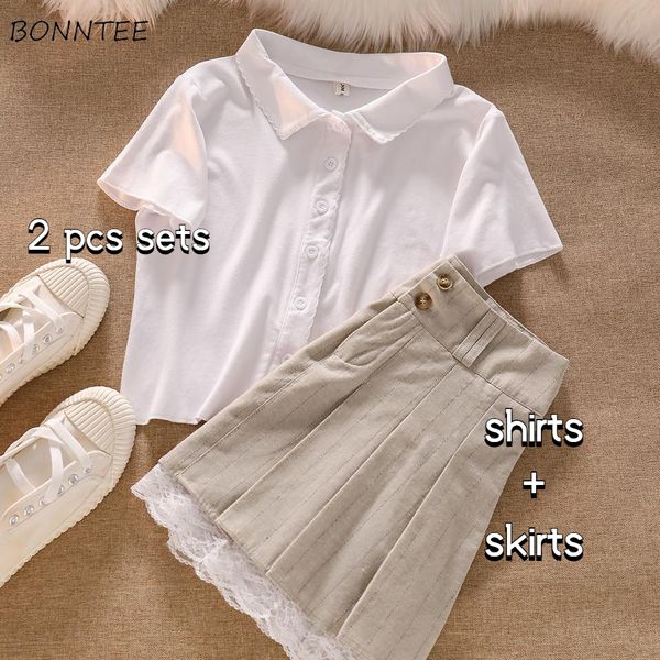 Two Piece Dress Set Preppy Style Simple All match Turn down Collar Shirts Lace Pleated Mini Skirts 2 Pieces Students Korean Sweet Summer 230