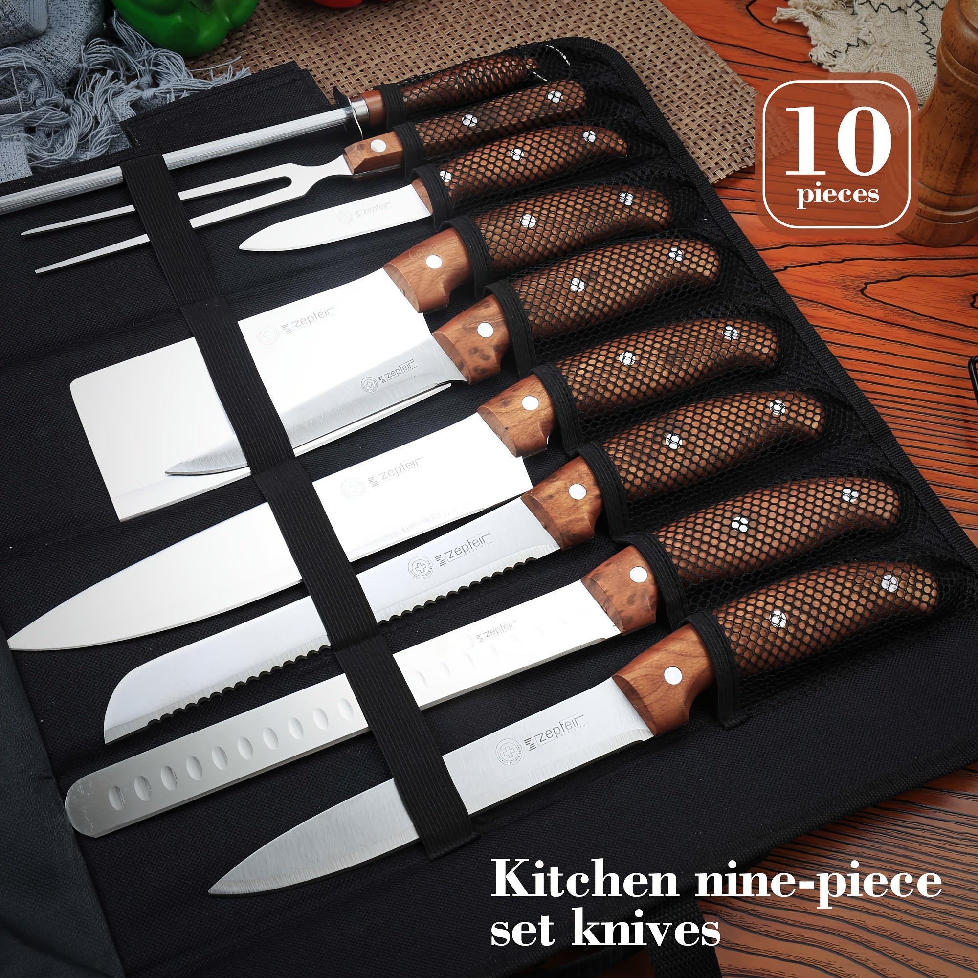 TEMU 10pcs Stainless Steel Knife Set, Including Folding Cloth Bag, Kitchen Utensils Set, Knife Set, Suitable For Kitchen, Dining Room, Outdoor,