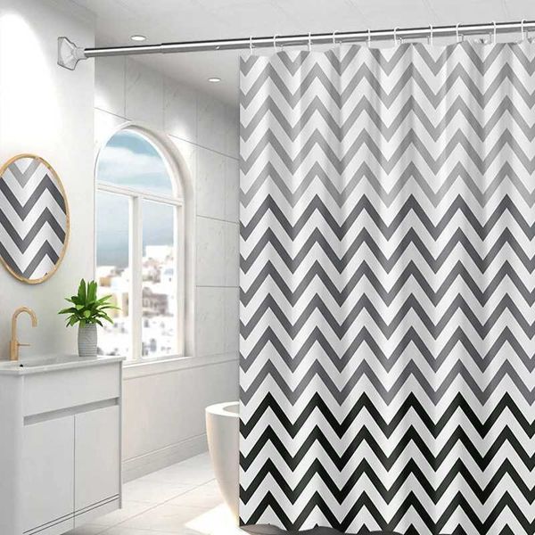 Bathroom Waterproof PEVA Shower Curtain Set with Hooks for Bathtub Black and White Wavy Mildew Curtain Translucent Bath Screen Y240815